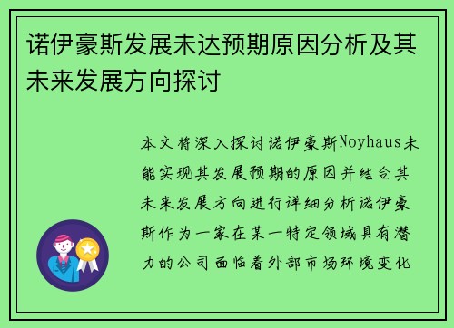诺伊豪斯发展未达预期原因分析及其未来发展方向探讨 诺伊豪斯发展未达预期原因分析及其未来发展方向探讨