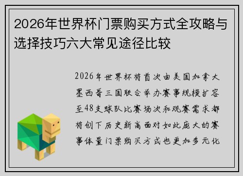 2026年世界杯门票购买方式全攻略与选择技巧六大常见途径比较 2026年世界杯门票购买方式全攻略与选择技巧六大常见途径比较